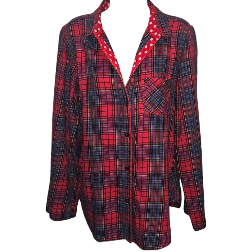 Victoria's Secret Plaid/Polka Dot Adjustable Long Sleeve Button Down Top - Picture 2 of 4